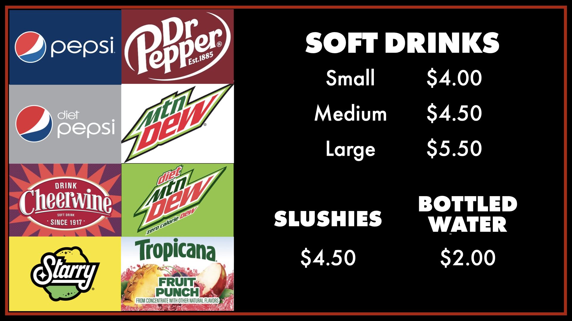 Soft drinks, slushies, and bottled water pricing