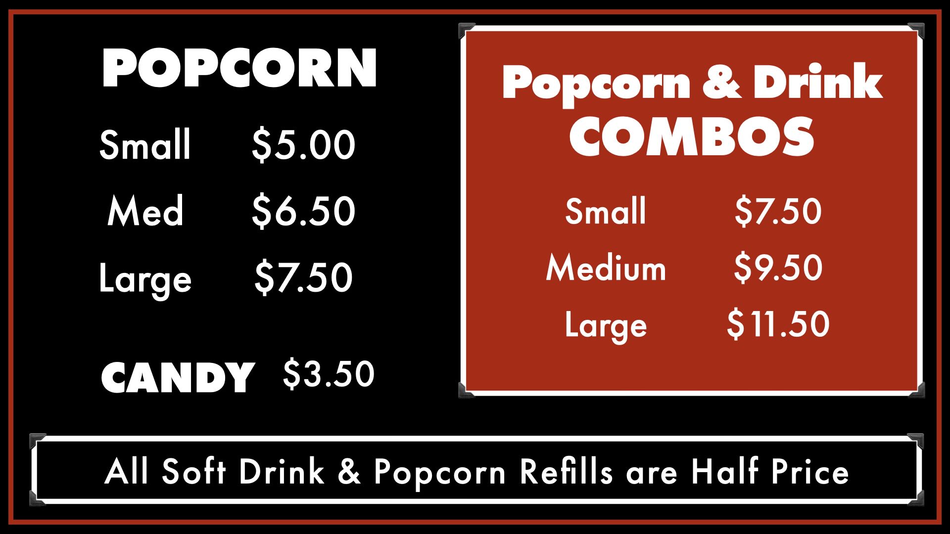 Popcorn, candy, and combo pricing